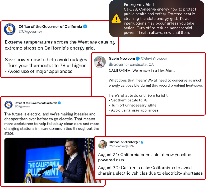 Emergency alert telling you to reduce power consumption along with tweets from California's Governor Gavin Newsom and Michael Shellenberger