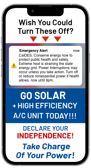 iPhone Screen with text: Wish you could turn of those emergency alerts? You can by going solar and getting a highly efficient A/C unit!